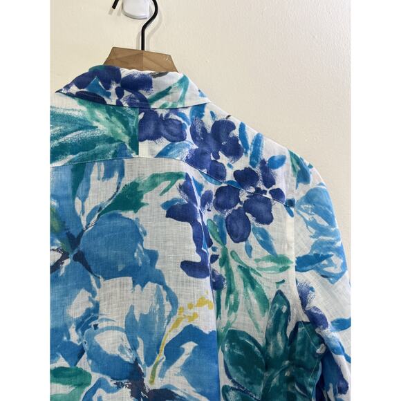 Linen Button Up Floral Blouse M Boho Coastal Resort Maximalist Preppy Office Art - Picture 9 of 12